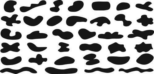 abstract blotch shapes. Liquid shape elements. Black round blobs collection. Fluid dynamic forms. Rounded spot or speck of irregular form. Vector liquid shadows random shapes. Black cube drops simple 