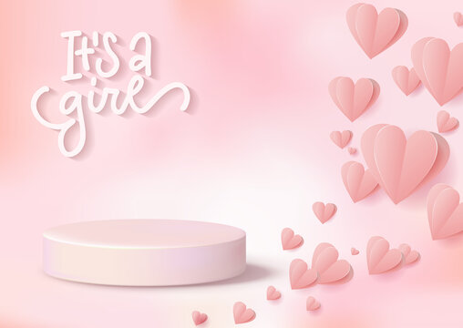 3d podium product background for Baby shower with lettering text - It's a girl. Pink hearts realistic design. Vector illustation decoration banner