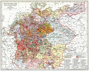 Map of Germany after the death of Kaiser Karl IV (1378). Publication of the book "Meyers Konversations-Lexikon", Volume 2, Leipzig, Germany, 1910