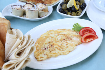 Organic, fresh traditional turkish village breakfast on wooden table