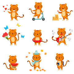 Set of cute cartoon tiger. Flat poster for prints, kids cards, posters, t-shirts, and funny avatars. Vector illustration. Greeting card.