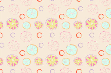 Pattern Summer theme citrus fruits bright warm colors sketchy style.