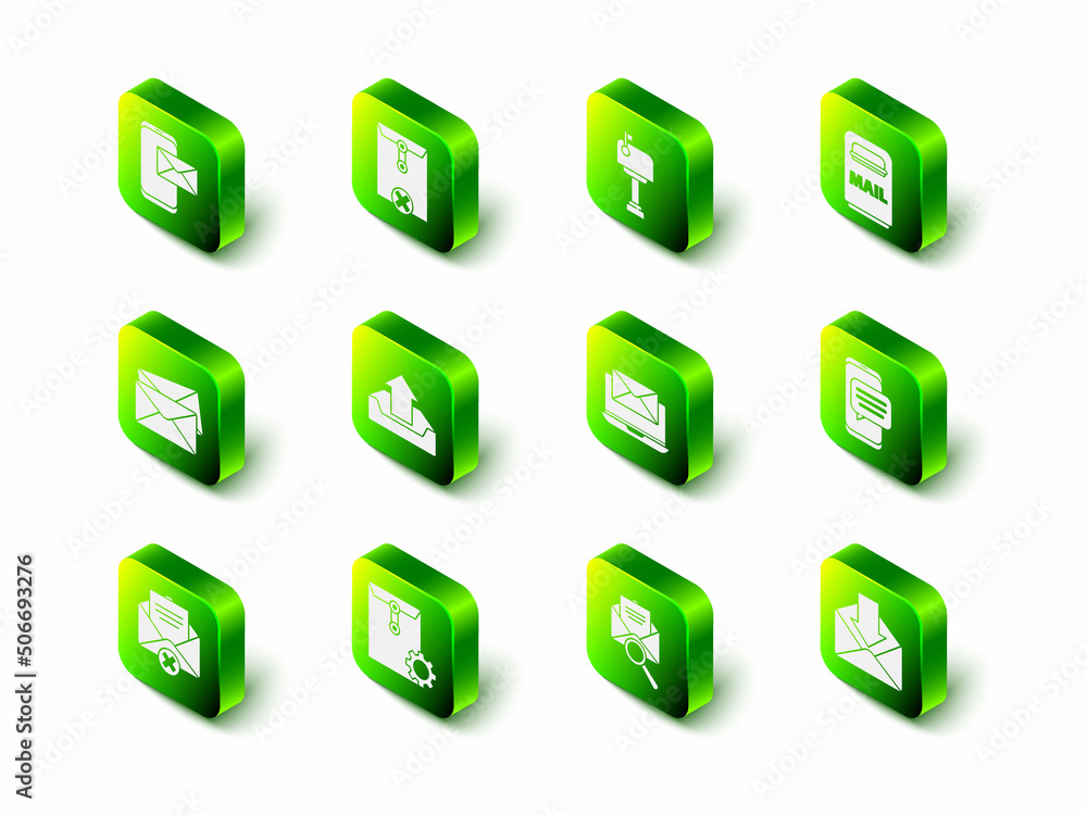 Poster set delete envelope, mail box, chat messages notification on phone, envelope, laptop with, magnifyin