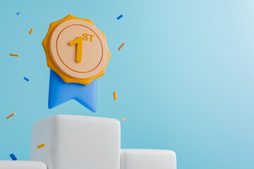 3d rendering first place prize badge on white winner podium on light blue background with copy space for text or message. - obrazy, fototapety, plakaty