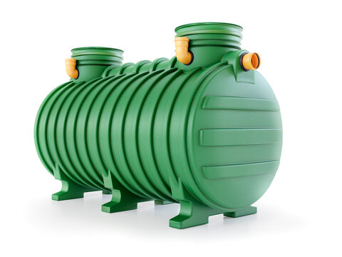 Household plastic two-chamber septic tank on white