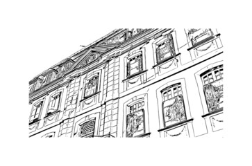 Building view with landmark of Monschau is a town in western Germany. Hand drawn sketch illustration in vector.