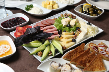 Organic, fresh traditional turkish village breakfast on wooden table