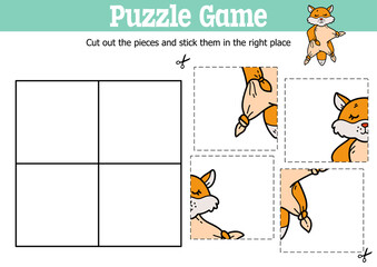 Vector educational kids puzzle game to cut and stick pieces with doodle  fox comforter