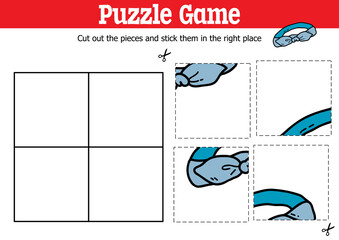 Vector educational kids puzzle game to cut and stick pieces with doodle headband 