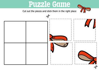 Vector educational kids puzzle game to cut and stick pieces with doodle bow