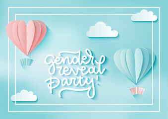3D Template for a card with an invitation to the Gender reveal party. Pink and blue air balloons with lettering text. Vector realistic illustration.