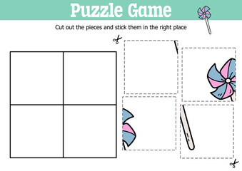 Vector educational kids puzzle game to cut and stick pieces with doodle windmill