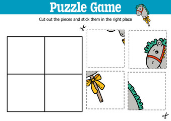 Vector educational kids puzzle game to cut and stick pieces with doodle horse 