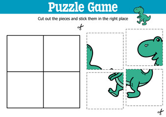 Vector educational kids puzzle game to cut and stick pieces with doodle  dinosaur