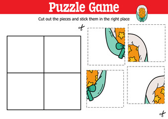 Vector educational kids puzzle game to cut and stick pieces with doodle carrier