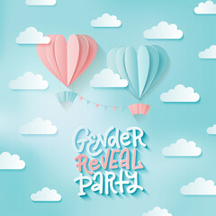3d realistic paper cut pink and blue air balloons with lettering text - Gender reveal party. Mesh sky with clouds. Vector illustration for card, flyer, poster, decor, banner, web, advertising.