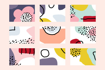 Set of stylish backgrounds with hand drawn doodle objects and abstract organic shapes. Modern template for pre-made poster or business card. Contemporary multicolored vector collage