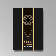 Golden-black A4 page template, menu, flyer, card, invitation, geometric city.