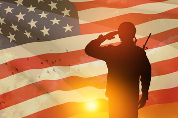 USA army soldier saluting on a background of sunset or sunrise and USA flag. Greeting card for Veterans Day, Memorial Day, Independence Day. America celebration. 3D-rendering.