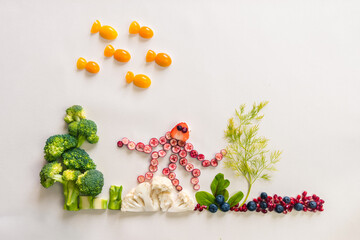 Fototapeta na wymiar fruit and vegetable creative ideas, sea world fantasy in vivid colors
