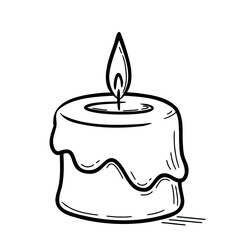 Burning candle with melted wax. Doodle sketch style. Line drawing simple candle with flame. Isolated vector illustration.