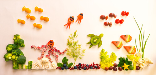 fruit and vegetable creative ideas, sea world fantasy in vivid colors