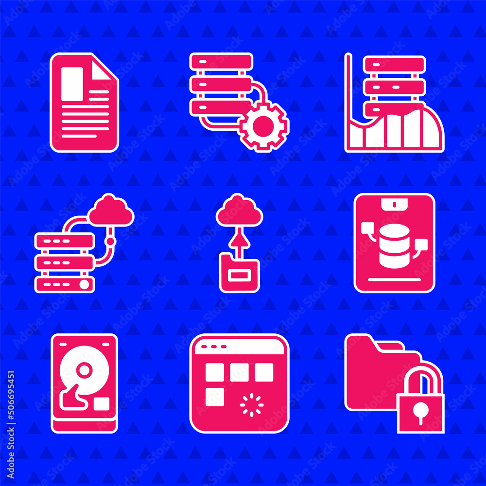 Poster set cloud technology data transfer, loading window, folder and lock, server, data, web hosting, hard