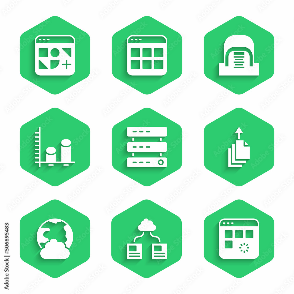 Poster set server, data, web hosting, cloud technology data transfer, loading window, export, social networ