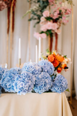 Blue hydrangea. Amazing wedding table decoration with flowers tables