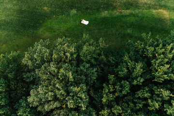 The newlyweds are on the golf course. Bird eye view. Aerial view.  drone fly.  Virgin place. Just married relaxing. Wedding on the golf course. - obrazy, fototapety, plakaty