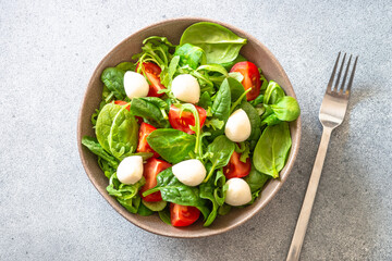 Healthy fresh summer salad with fresh leaves, tomatoes and mozzarella. Top view.