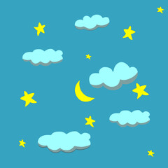 Clouds, moon and stars background, starry sky. Vector illustration for nursery room, newborns babys, and toddlers. Good night cartoon.