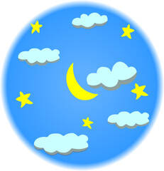 Clouds, moon and stars background, starry sky. Vector illustration for nursery room, newborns babys, and toddlers. Good night art.