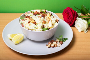 Risotto with asparagus, hazelnut bacon, lemon and parmesan cheese