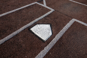 Top down, close up view of home base on a baseball field