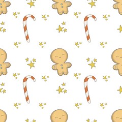 Christmas seamless pattern white background sandman Christmas red and white cane and yellow stars