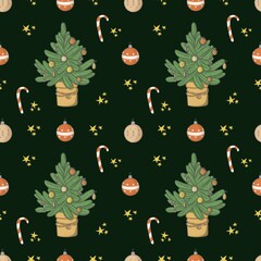 Christmas seamless pattern on a dark background green Christmas tree in a yellow pot with red yellow balls Christmas cane and yellow stars