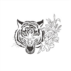 Tiger with flowers on white background.