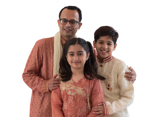 Portrait of Indian family, single father with two children, son and daughter in traditional...