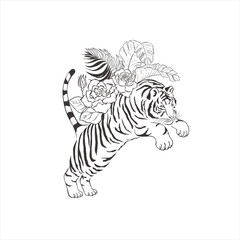 Tiger with flowers on white background.