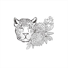 Leopard with exotic flowers and leaves.