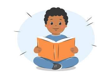 Afro American boy kid reading book. Knowledge and education concept. Vector illustration