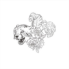 Cheetah with rose flowers on white background.