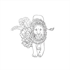 Lion with peony flowers on white background.