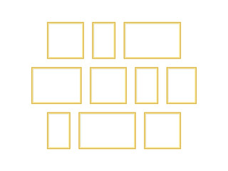 Golden photo frames collage. Realistic empty frameworks mockup set on wall. Picture old elements collection. Vector isolated on white.