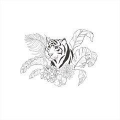 Tiger with flowers on white background.