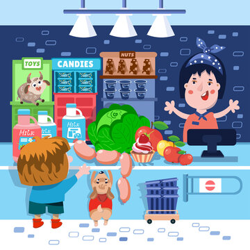 Cartoon characters in food market. Vector color illustration. Picture for design of books, puzzles. Cute boy and dog buy food in store, stand near cash register.