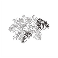 Tropical bouquet with rose flowers and leaves.