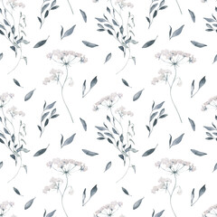 Fototapeta premium Watercolor Seamless Pattern Background with Leaves and Umbrella Flower on White Background.