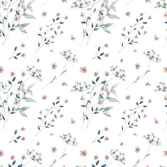 Watercolor Seamless Pattern Background with Meadow Flowers on White Background.